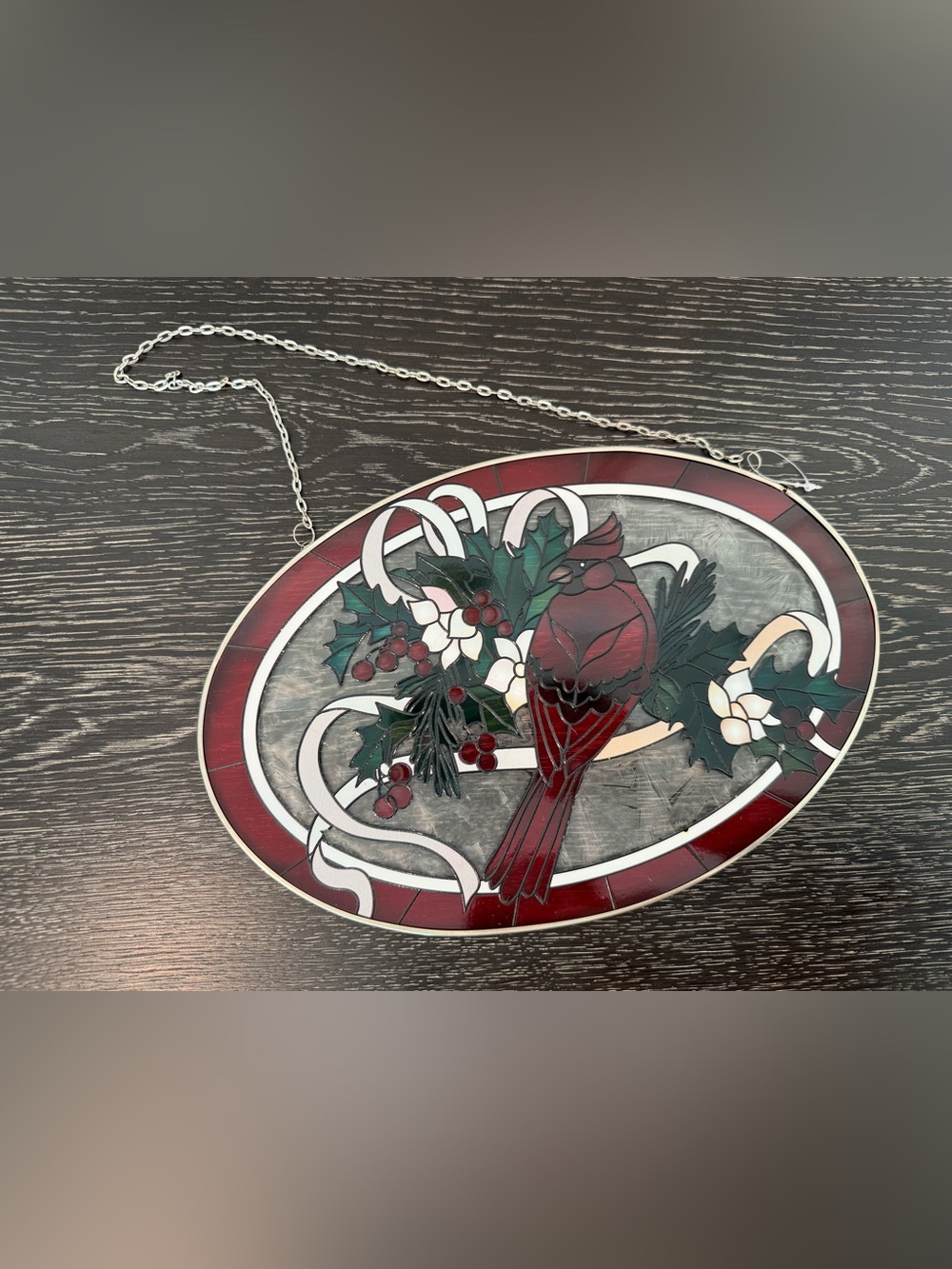 Large Oval Glass Sun catcher With Metal Frame Holly Cardinal Birds